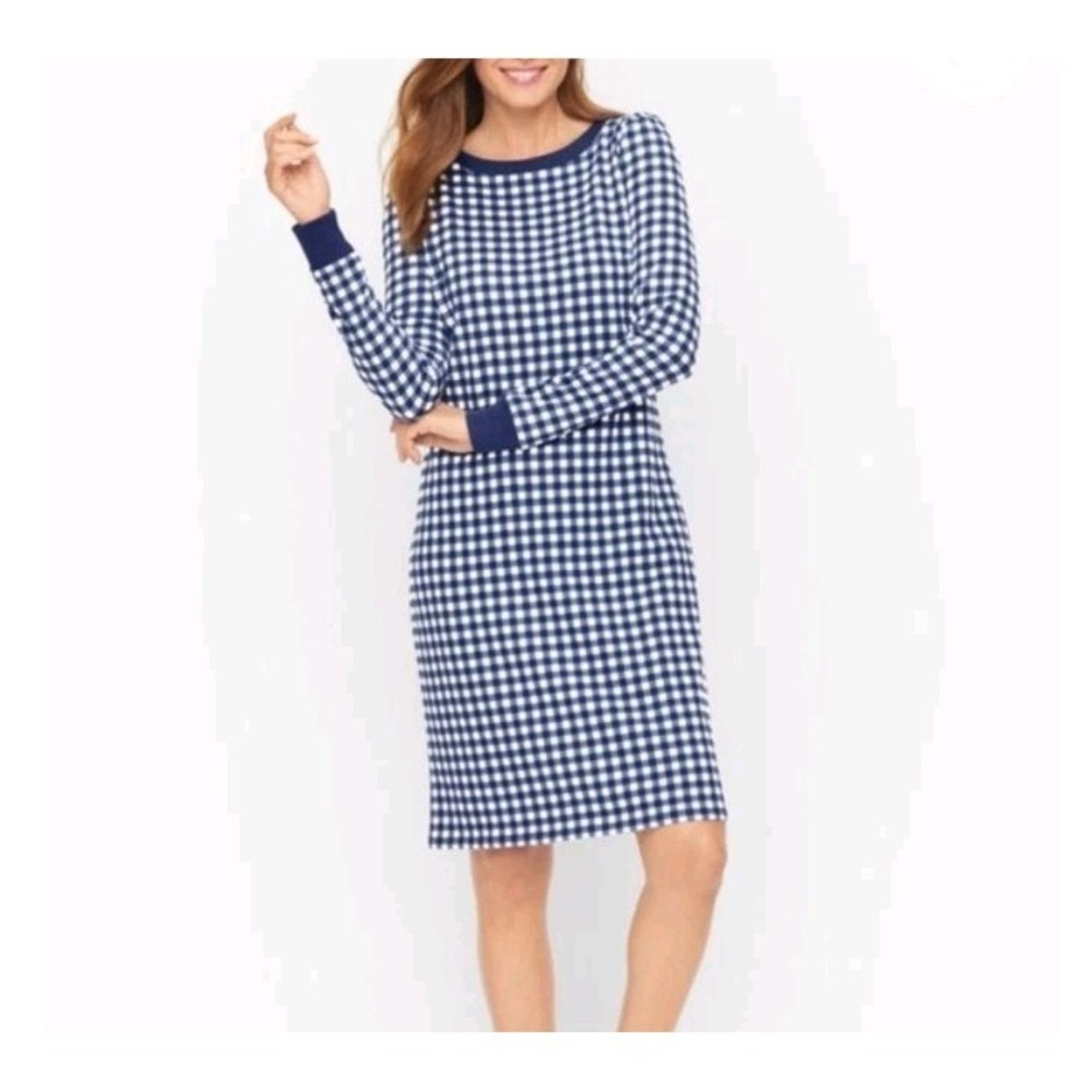 Talbots Blue Gingham Terry‎ Sweatshirt Shift Dress Womens Sz MP Comfort Casual